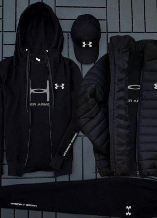 Спортивный комплект утепленный черный 5в1 штаны + кофта + футболка+куртка+кепка