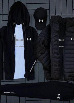 Спортивный комплект утепленный черный 5в1 штаны + кофта + футболка+куртка+кепка