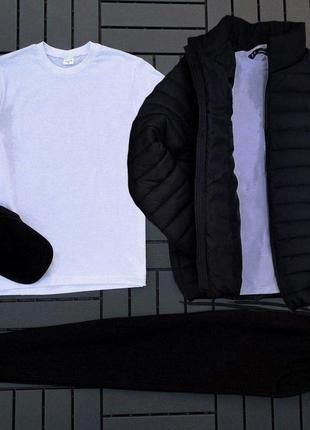 Спортивний комплект утеплений чорний 4в1 штани+футболка+куртка+кепка