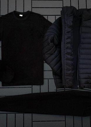 Спортивний комплект утеплений чорний 4в1 штани+футболка+куртка+кепка