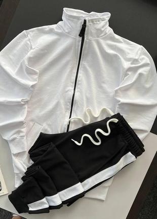 Мужской спортивный костюм белый с черным с лампасами без капюшона на молнии весенний осенний (bon)