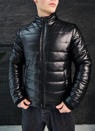 Мужская кожаная куртка черная без капюшона весенняя осенняя до 0*с черная кожанка мужская демисезонная (bon)