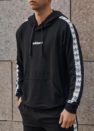 Чоловіче худі adidas чорне з лампасами весняне осіннє | чоловіча кофта з капюшоном адідас (bon)
