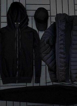 Спортивний комплект утеплений чорний 3в1 штани+куртка+кепка10 фото