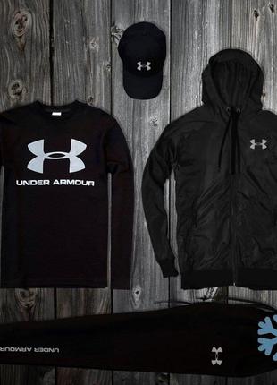 Спортивний комплект утеплений чорний 3в1 штани+куртка+кепка2 фото