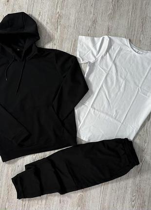 Чоловічий спортивний костюм чорний із білим 3в1 базовий однотонний весняний  ⁇  комплект худі + штани + футболка (bon)
