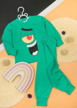 Тепла яскрава піжама з начосом дитяча губка боб, патрік, планктон, білка сенді детская пижама с принтом