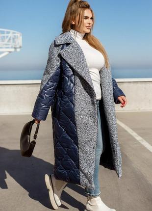 Стильное стеганое зимнее комбинированное пальто6 фото