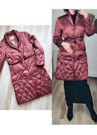 Пухове пальто міді жіноче пальто з поясом утеплене пальто стьобане шовкове пальто демісезонне класичне пальто