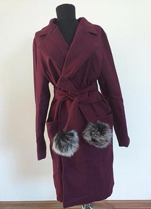 Кашемірове бордове вешневе пальто з поясом1 фото