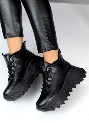 Стильні зимові натуральні кросівки чорного кольору, утеплені кросівки на шнурівці7 фото