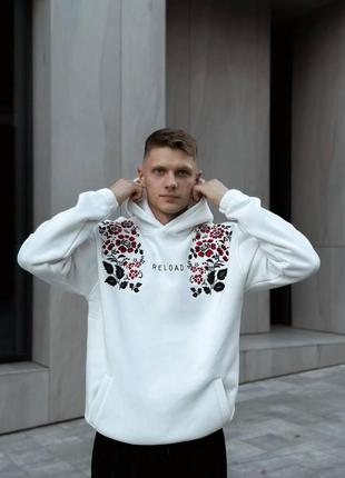 Чоловіче зимове худі біле оверсайз з вишивкою толстовка на флісі з розписом (bon)