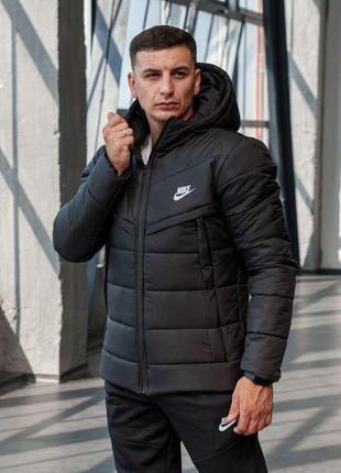 Мужская зимняя куртка nike tech черная короткая до -25℃ пуховик найк с капюшоном (bon)