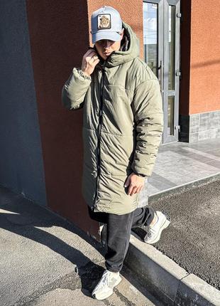 Мужская зимняя парка оливковая однотонная до -25*с длинная куртка с капюшоном до колен (bon)6 фото