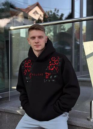 Чоловічий зимовий худий чорний оверсайз з вишивкою толстовка на флісі з розписом (bon)