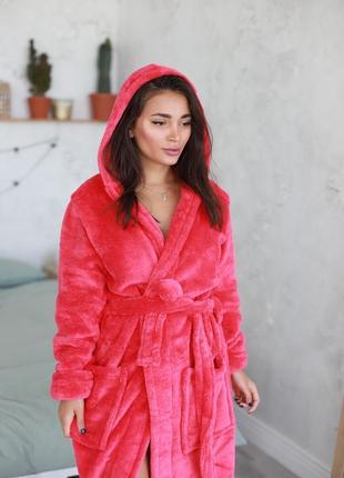 Розовый сочный толстый длинный махровый/плюшевый халат с капюшоном 42-60 есть цвета2 фото