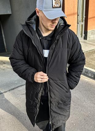 Мужская зимняя парка черная однотонная до -25*с длинная куртка с капюшоном до колен (bon)4 фото