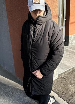 Мужская зимняя парка черная однотонная до -25*с длинная куртка с капюшоном до колен (bon)6 фото