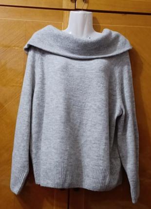 Брендовий стильний об'ємний светр 3% вовна з великим коміром р.m від h&m оверсайз , меланж