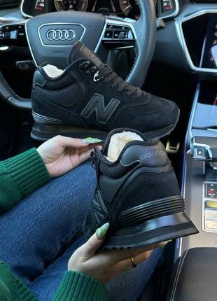 ❄️зимові жіночі кросівки new balance 574 high all black suede fur2 фото