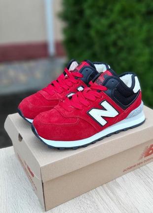 Зимові жіночі кросівки new balance 574 red white black fur хутро