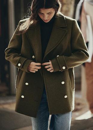 Двубортное хаки женское пальто zara new