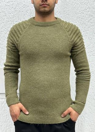 Премиум стильный свитер с ребристыми рукавами качественный в рубчик теплый стильный мужской