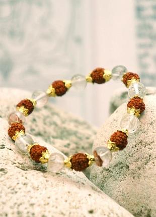 Браслет рудракша + латунь + горный хрусталь
