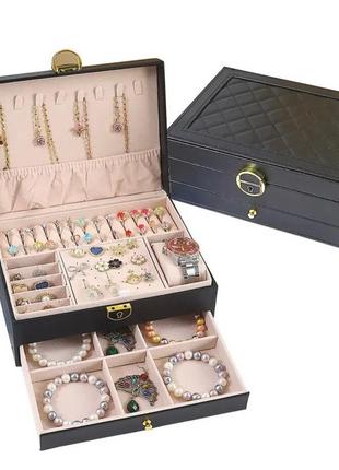 Шикарная вместительная прямоугольная шкатулка для ювелирных украшений, качественная шкатулка чёрного цвета