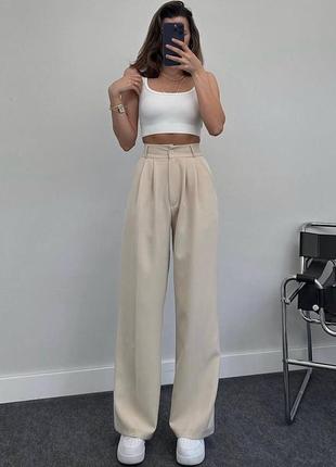 Брюки палаццо жіночі вільного крою на високій посадці на гудзику якісні  базові бежеві графітові