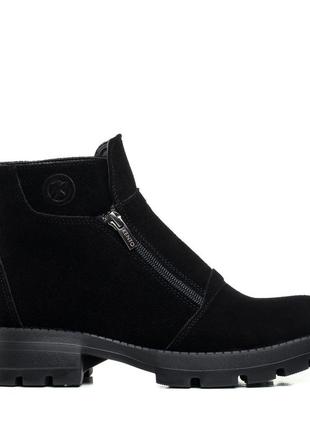 Ботинки женские замшевые черные зимние на тракторной подошве на среднем толстом каблуке 1147цп-а2 фото
