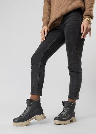Ботинки женские зимние темно-серые на шнуровках на толстом каблуке 525цz-а9 фото