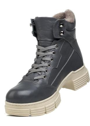 Ботинки женские зимние темно-серые на шнуровках на толстом каблуке 525цz-а5 фото