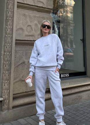 Костюм спортивний жіночий  на флісі оверсайз світшот штани джогери на високій посадці якісний стильний теплий сірий смарагдовий