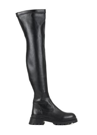 Демісезонні ботфорти шкіряні з утепленням вище колін на платформі та зручному каблуці чорні 464бz4 фото