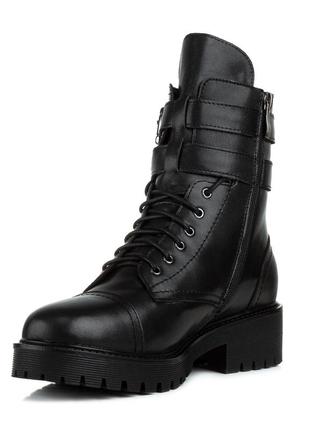 Ботинки женские кожаные черные на толстой подошве на низком квадратном каблуке 1333ц5 фото