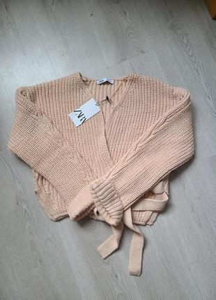 Кардиган на запах вязаный бежевый молочный короткий тёплый zara s m l 2142/2376 фото