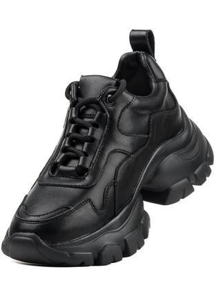 Кроссовки женские кожаные черные на массивной тракторной подошве на танкетке на шнуровках 2339т