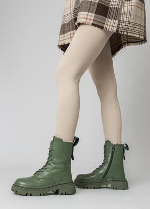 Ботинки кожаные зеленые на тракторной подошве 1613ц-а10 фото