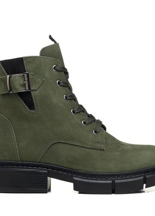 Черевики з нубуку жіночі зимові зелені на низькому квадратному каблуку 518цz-а