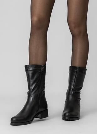 Зимние полусапожки женские кожаные черные на каблуке 1129цп9 фото