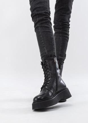 Ботинки farinni черные зимние кожаные высокие на шнуровке и платформе на меху 1554ц9 фото