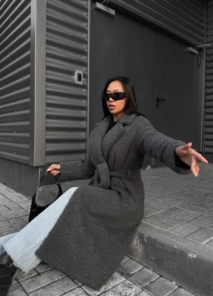 Зимняя женская шуба пальто темно-серая графит стильная теплая длинная тренд