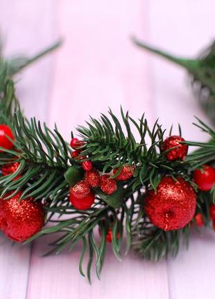 Новогодний обруч ободок с веточками елки красный2 фото