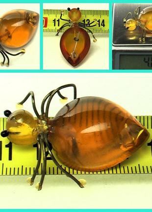 Брошка винтаж из янтаря жук муравей1 фото