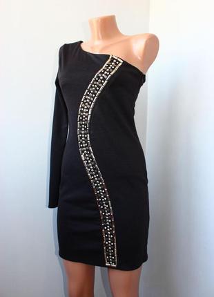 Платье асимметричное /черное на одно плечо с волной стаз и стекляруса, ad lib, uk,104 фото