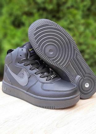 Nike air force 1'82 черные с серым кроссовки женские кожаные зимние с мехом отличное качество ботинки сапоги высокие теплые найк форс6 фото