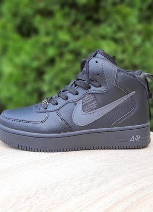 Nike air force 1'82 черные с серым кроссовки женские кожаные зимние с мехом отличное качество ботинки сапоги высокие теплые найк форс5 фото