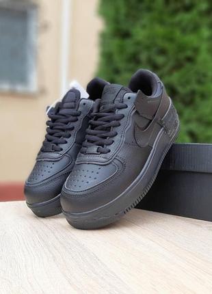 Nike air force 1 shadow чорні кросівки жіночі шкіряні зимові з хутром відмінна якість ботінки сапоги низькі теплі найк форс шадоу