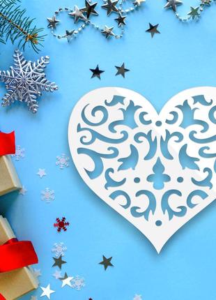 Белая новогодняя елочная игрушка "сердце резное" изящное украшение на ёлку из полистирола, 7 см